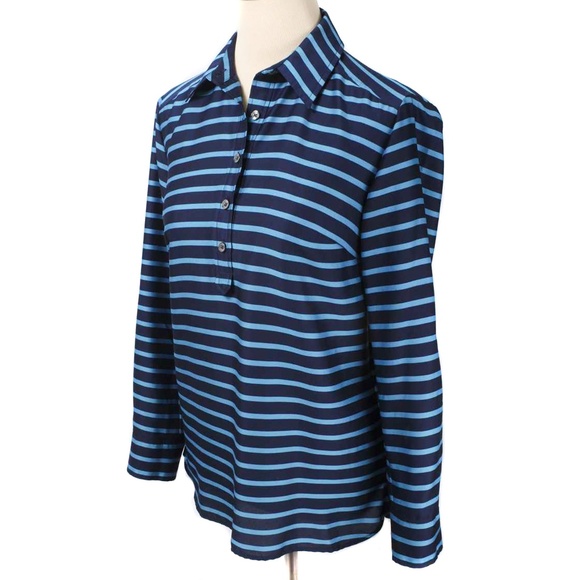 ANN TAYLOR Navy & Blue Striped 1/2 Button Blouse - Picture 2 of 5